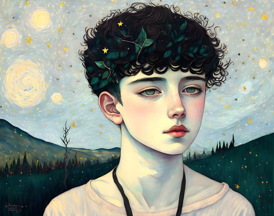 Curly-haired person with green eyes in starry night landscape illustration