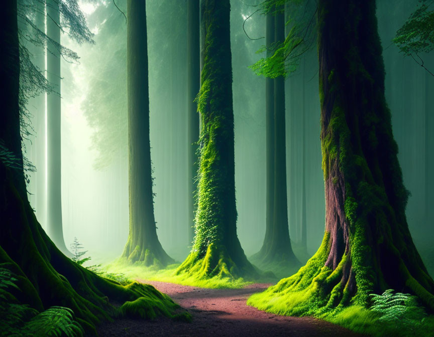 Enchanting forest with towering trees and misty ambiance