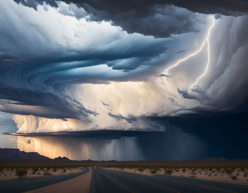 Dramatic supercell thunderstorm over desert road