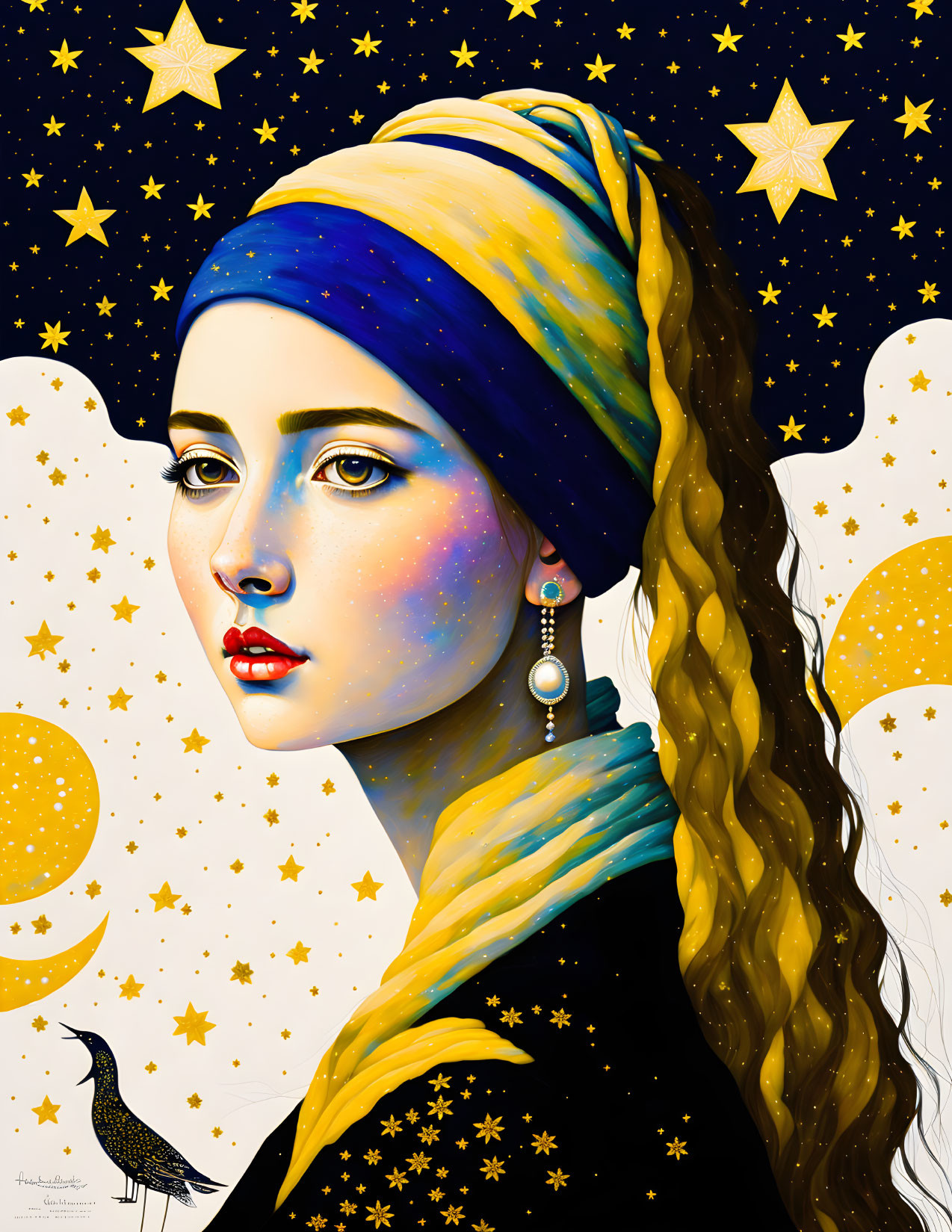 Starry night themed portrait of a woman with golden stars, moons, and a bird.