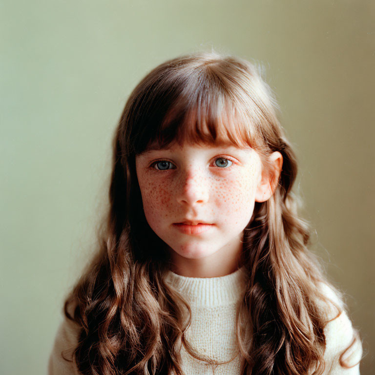 Young girl with freckles and curly hair in white sweater against neutral background