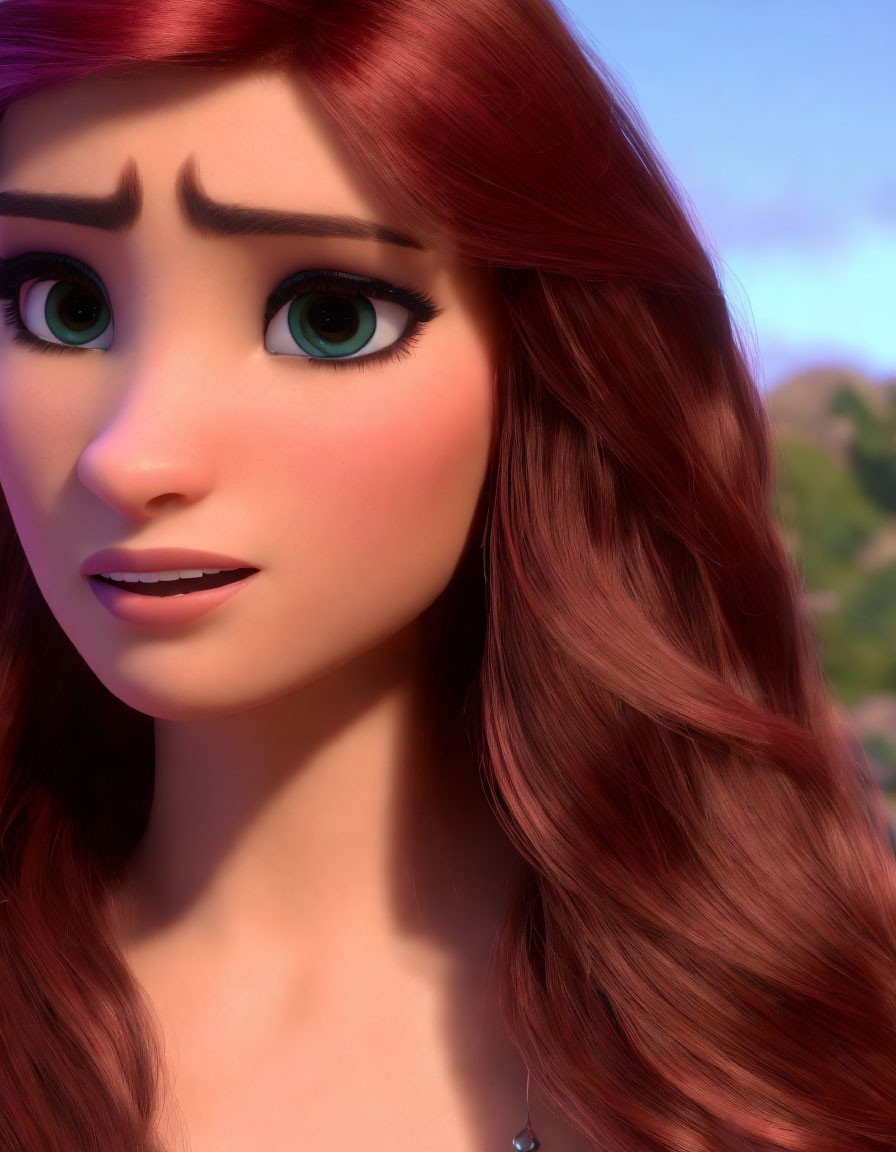 Animated character close-up: worried expression, green eyes, auburn hair.