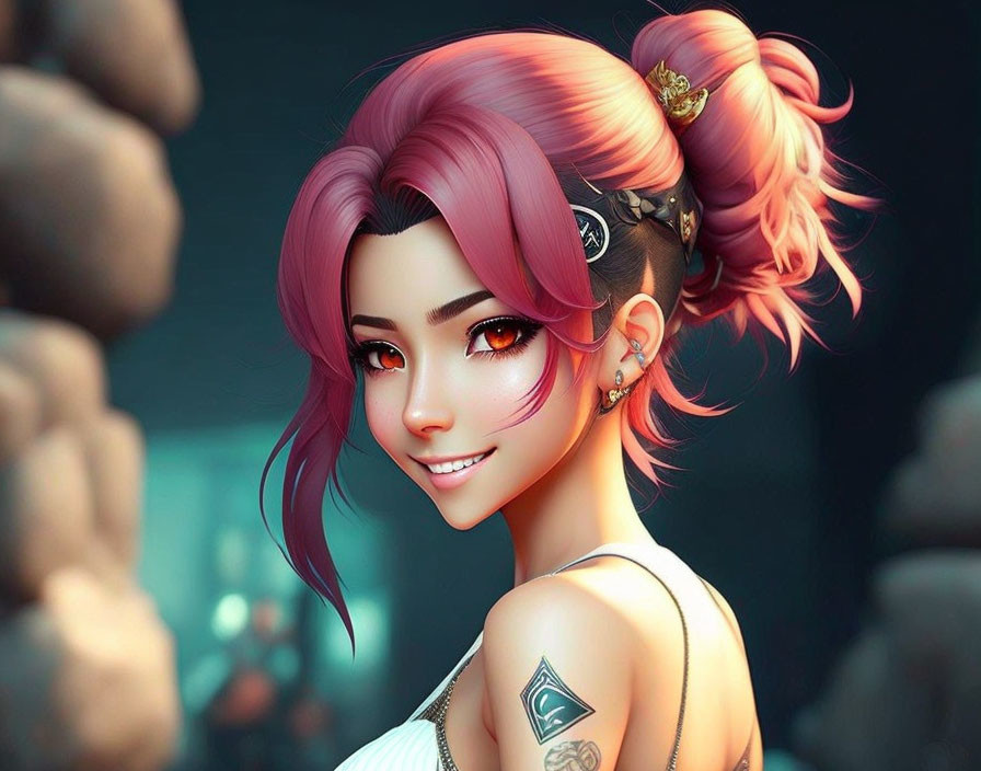 Pink-haired female character with arm tattoo smiling in dimly lit scene