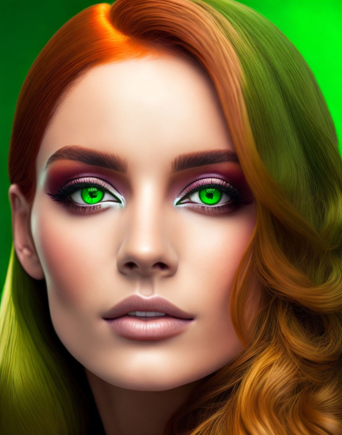 Vibrant red-orange hair, emerald green eyes, bold makeup on green background