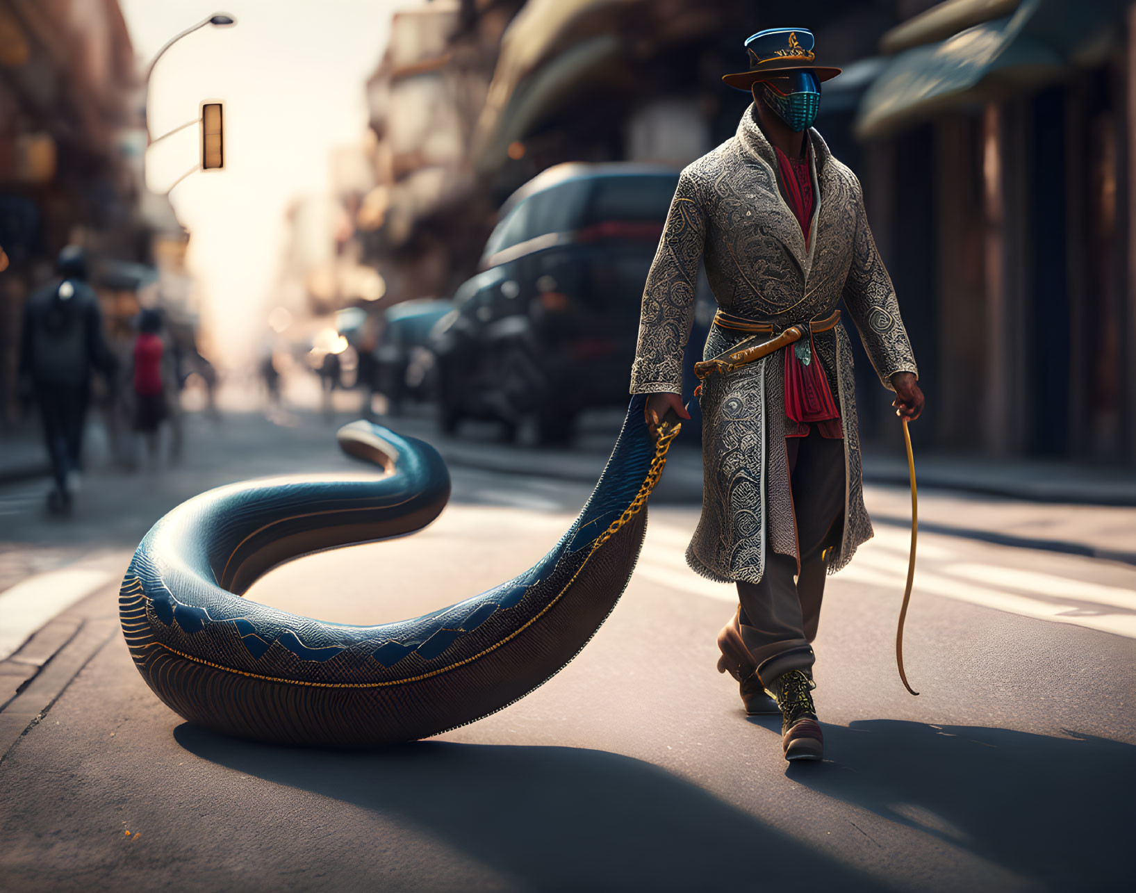 Person in ornate coat and mask with giant serpent on city street in golden light