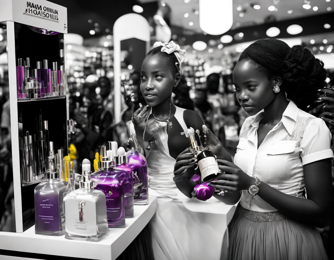 Two girls at cosmetics counter with perfume bottles, black and white photo with purple accents