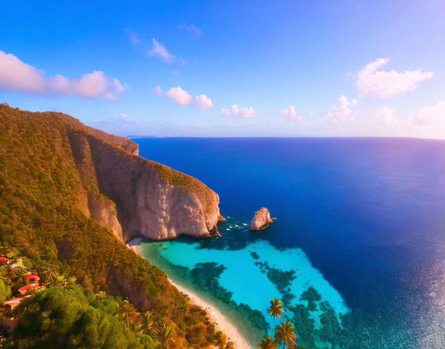 Tropical Cove: Steep Cliff, Turquoise Waters, Sandy Beach