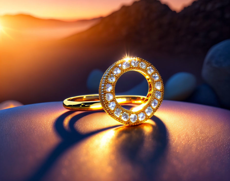 Diamond ring on smooth surface with sunset backdrop and mountain shadow