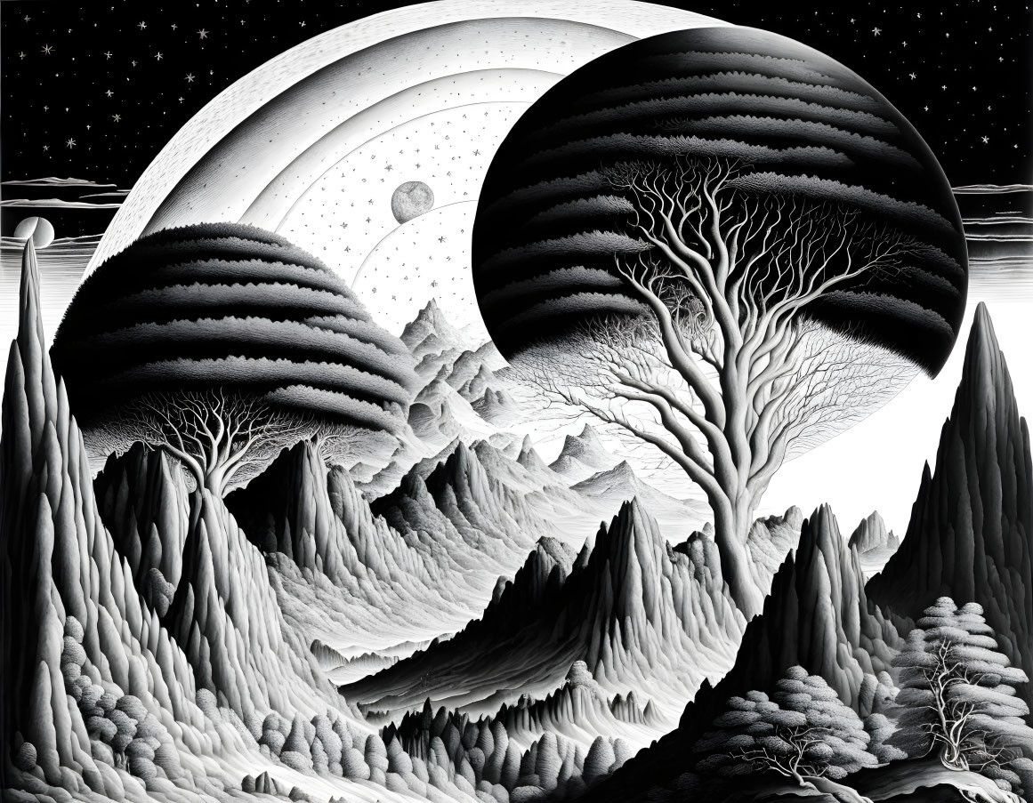 Monochrome surreal landscape with stylized mountains and celestial bodies