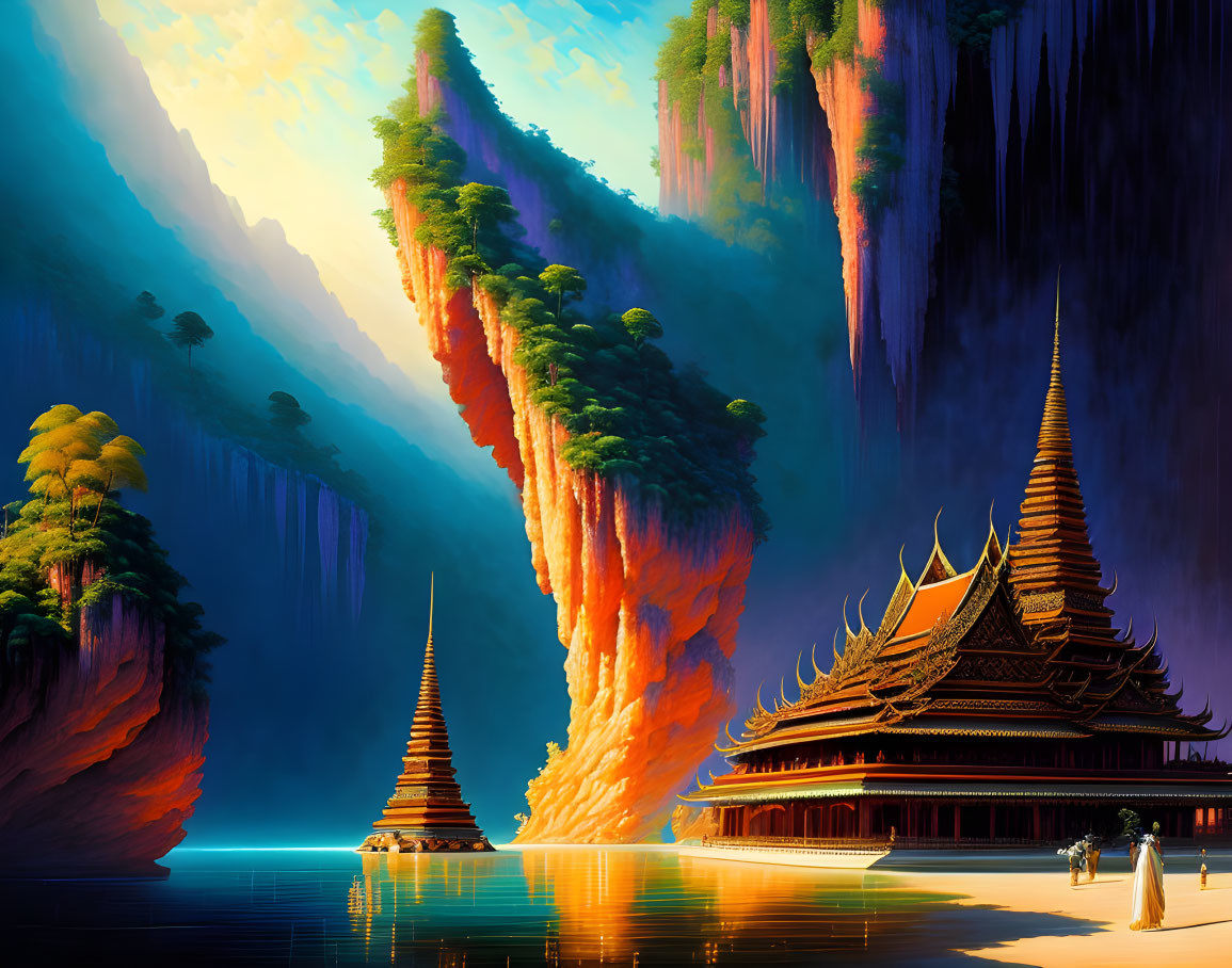 Tranquil fantasy landscape with cliffs, temple, river, and figures under warm sky