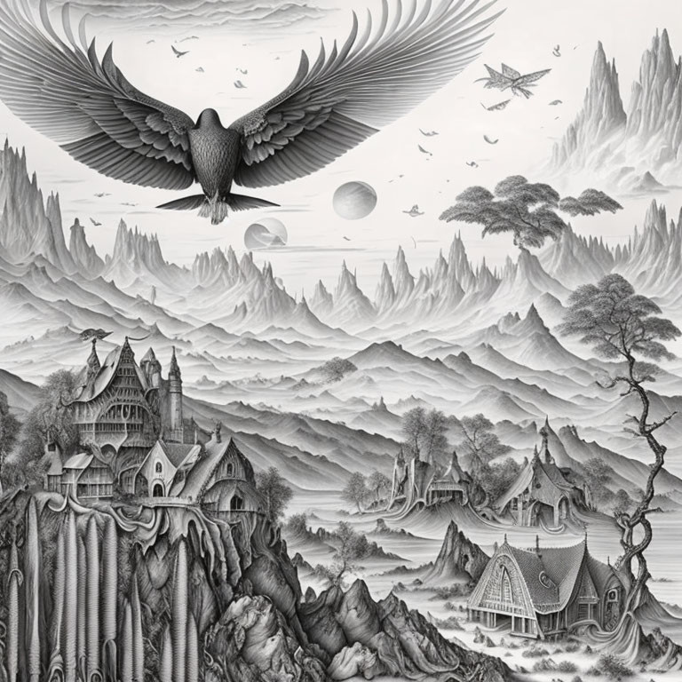 Monochromatic fantasy landscape with bird, castle, mountains, and planets