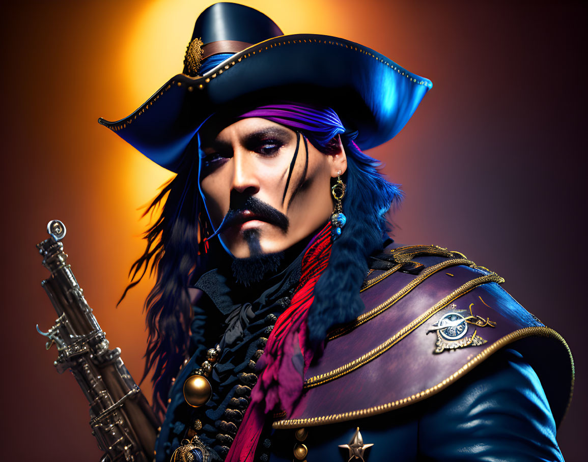 Stylized portrait of a flamboyant pirate captain with tricorner hat, ornate