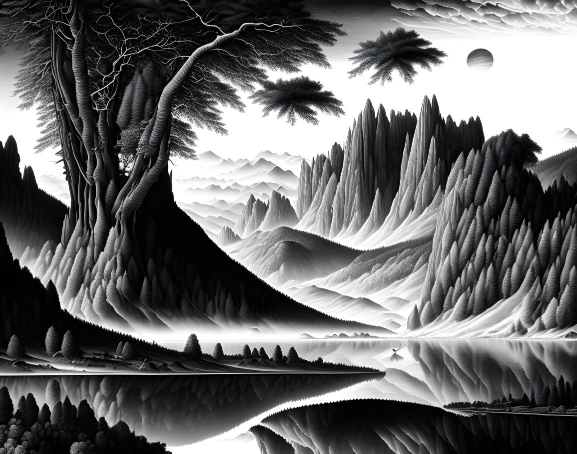 Monochromatic landscape with textured trees, misty mountains, serene lake, and crescent moon