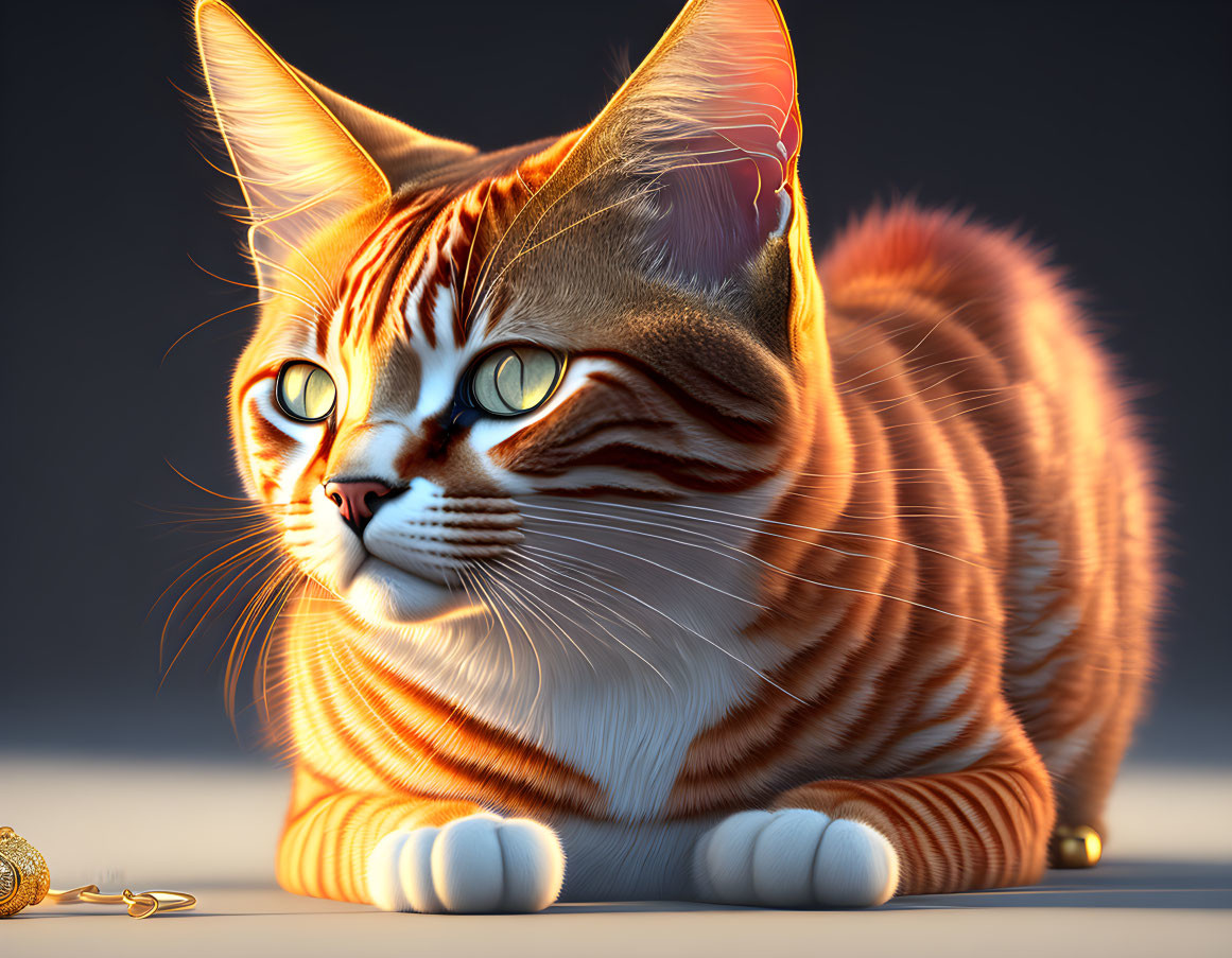 Orange Striped Cat 3D Rendering with Large Eyes and Gold Pocket Watch