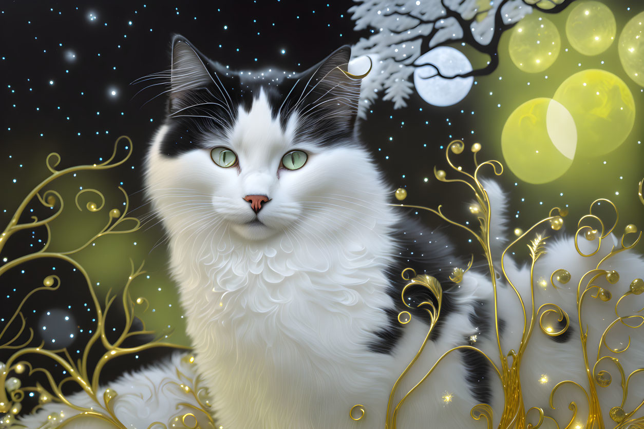 Striking green-eyed black and white cat in magical starlit scene