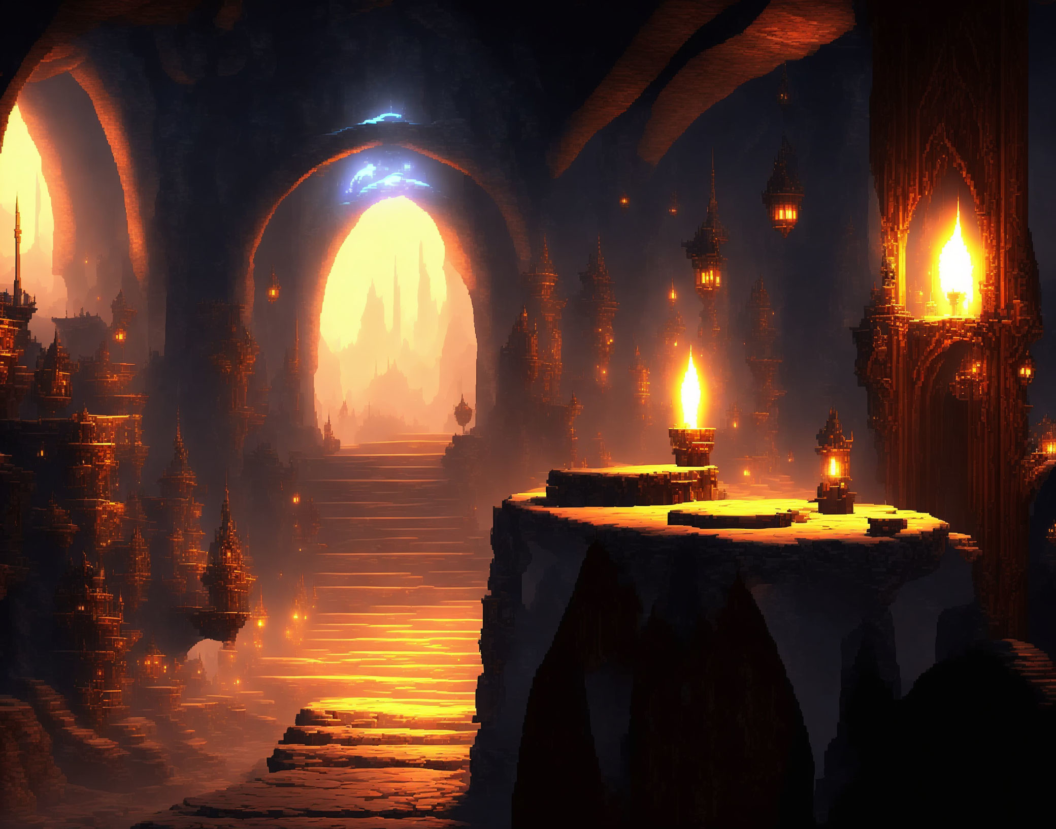 Fantasy cavern with warm torchlight, stone stairs, and arched entrance