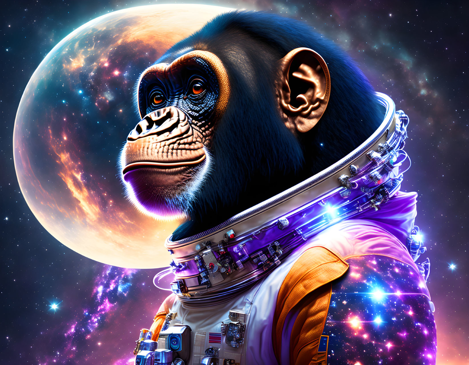 Chimpanzee in astronaut suit with galactic backdrop and looming planet