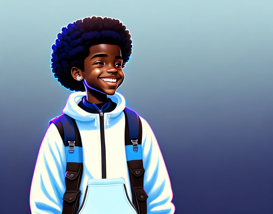 Smiling person with afro in blue & white hoodie illustration