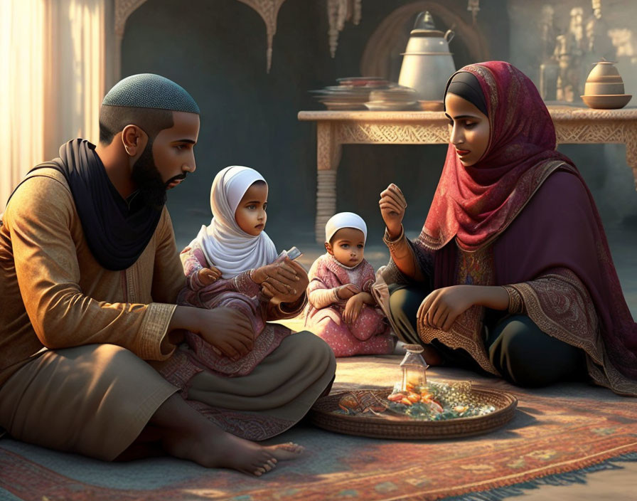 Family of four enjoying meal in sunlit room