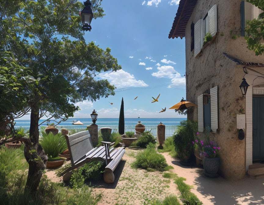 Tranquil seaside scene with bench, potted plants, and flying birds