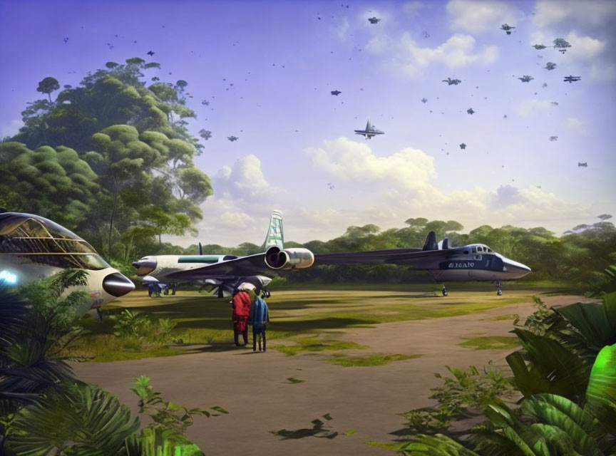 Futuristic airport scene with advanced aircraft and lush greenery