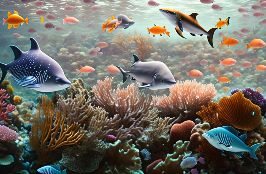 Vibrant underwater scene with fish, coral reefs, and dolphin