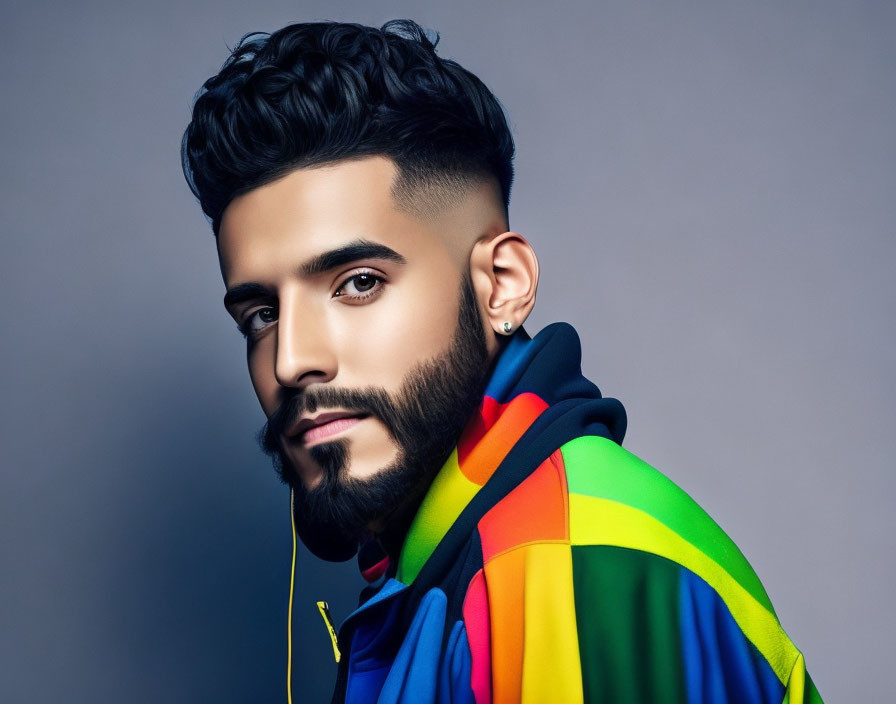 Fashionable man with sculpted beard and trendy haircut in colorful hoodie against gray background