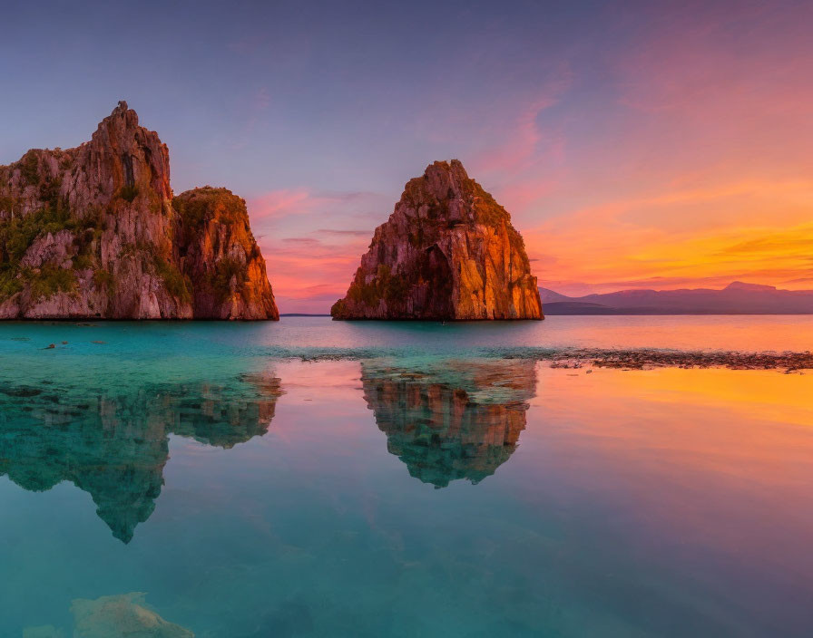 Tranquil sunset over rocky sea formations