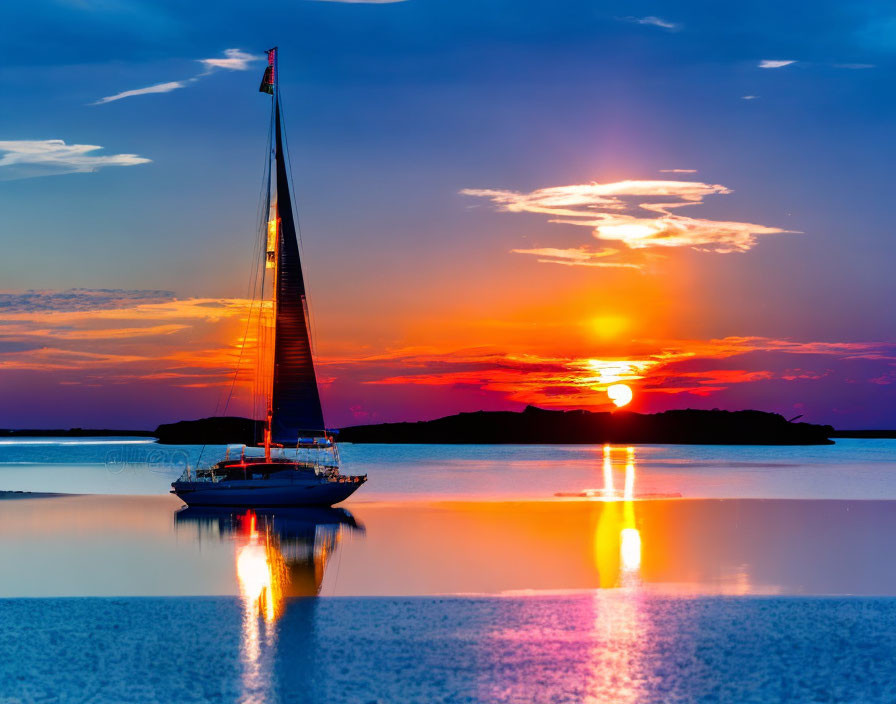 Sailboat on calm waters at sunset with reflections and silhouetted coastline