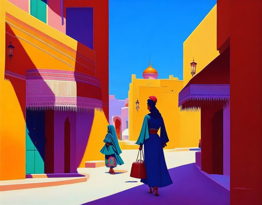 Colorful street scene with woman in blue dress and headscarf, carrying a suitcase, following child