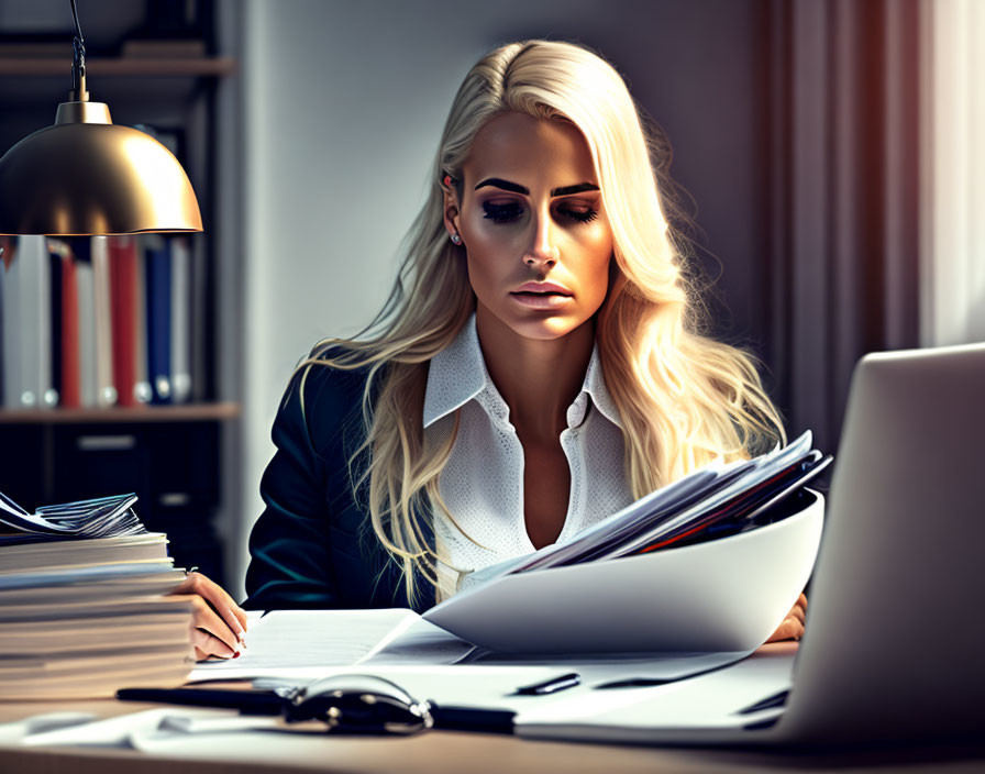 Blonde woman reviews documents at desk with laptop in dimly lit office