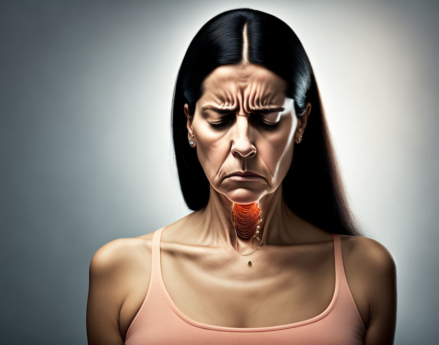 Woman with furrowed brow and visible anatomical throat illustration.