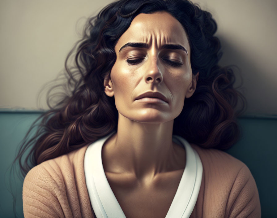 Curly-Haired Woman in Peach Cardigan Looks Contemplative