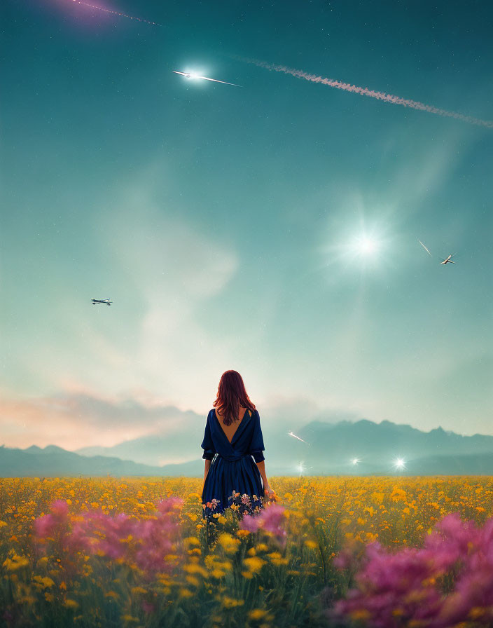 Woman in blooming field at twilight with stars, shooting stars, and distant mountains.