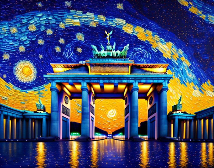 Illustration blending Brandenburg Gate with Starry Night's swirling skies