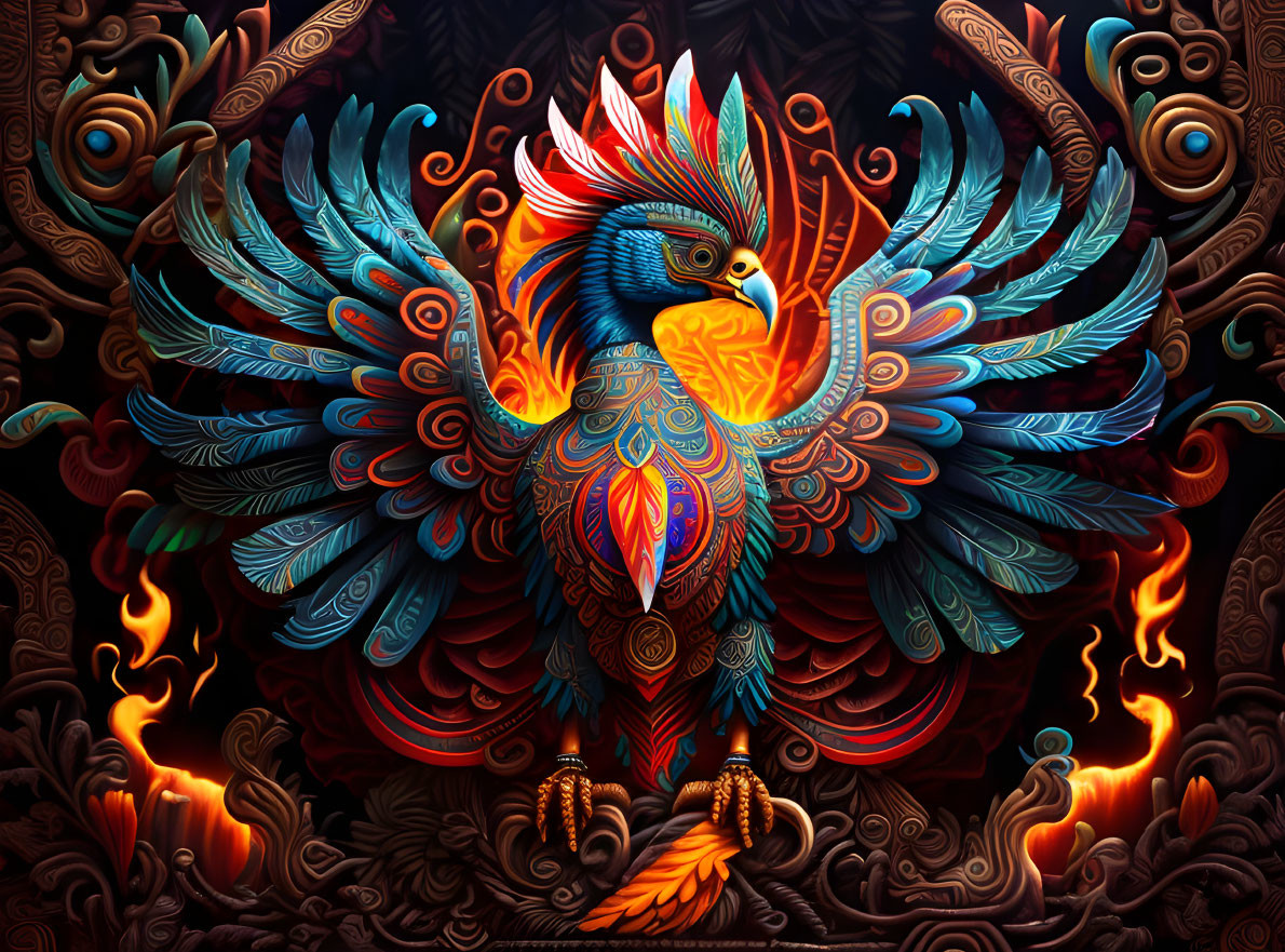 Colorful Phoenix Illustration with Elaborate Patterns and Flames