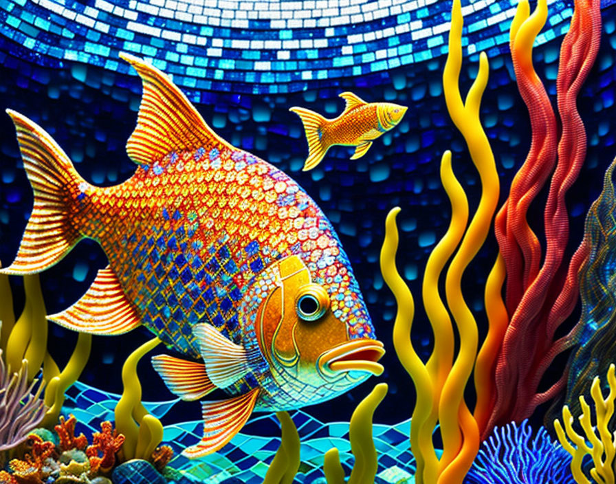 Colorful digital artwork: Large fish, coral, mosaic tiles