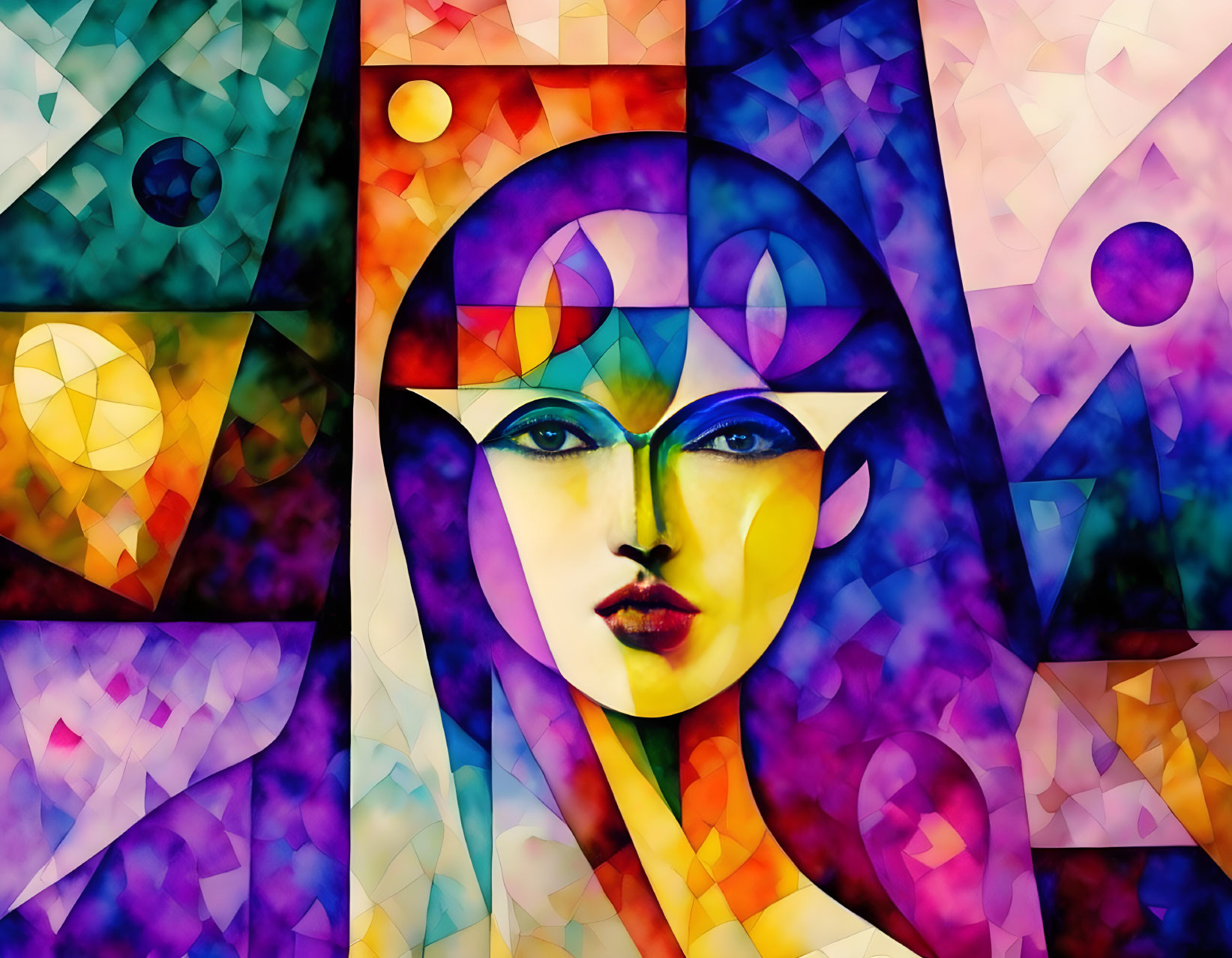 Vibrant abstract stained glass-style female face artwork