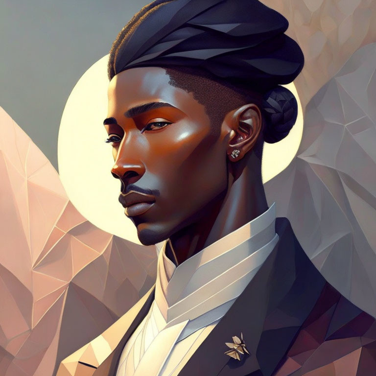 Stylized man portrait with head wrap, suit, sharp features & geometric backdrop