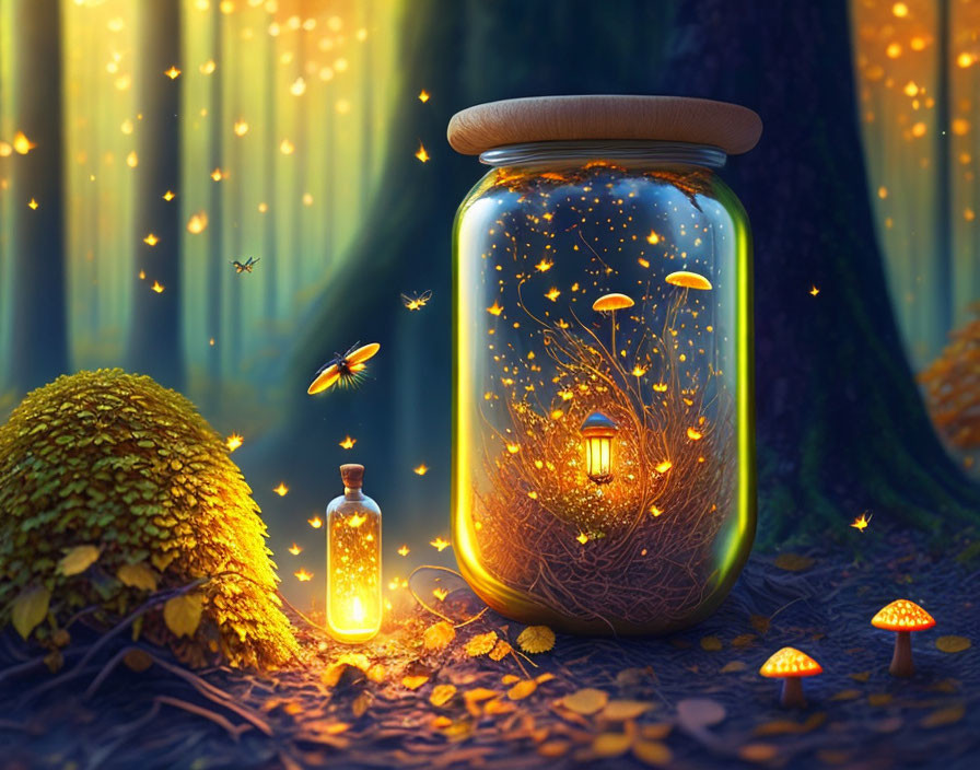 Enchanting forest scene with glowing lantern, fireflies, mushrooms, and light rays.