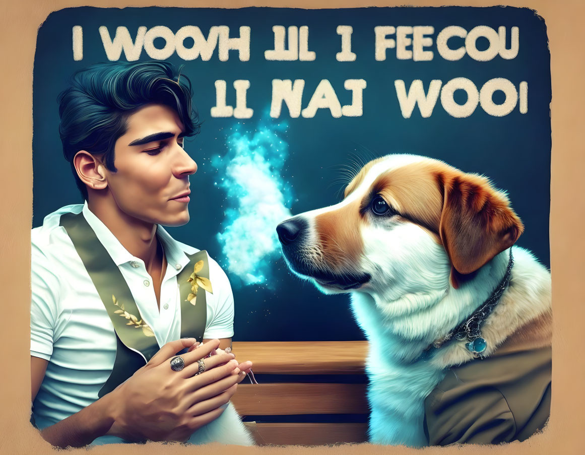 Man and dog in stylish face-off with mirrored text background.