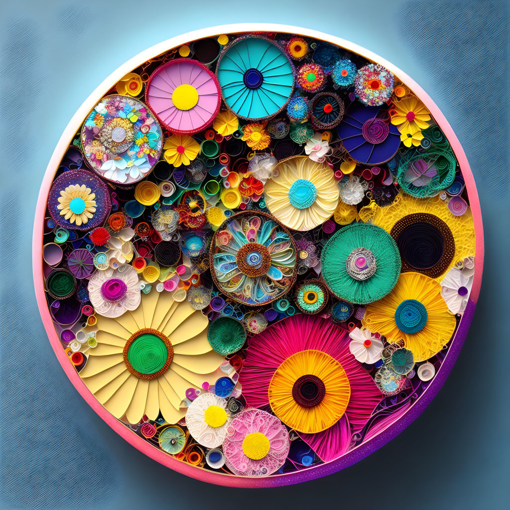 Colorful Circular Paper Quilling Art on Blue Background