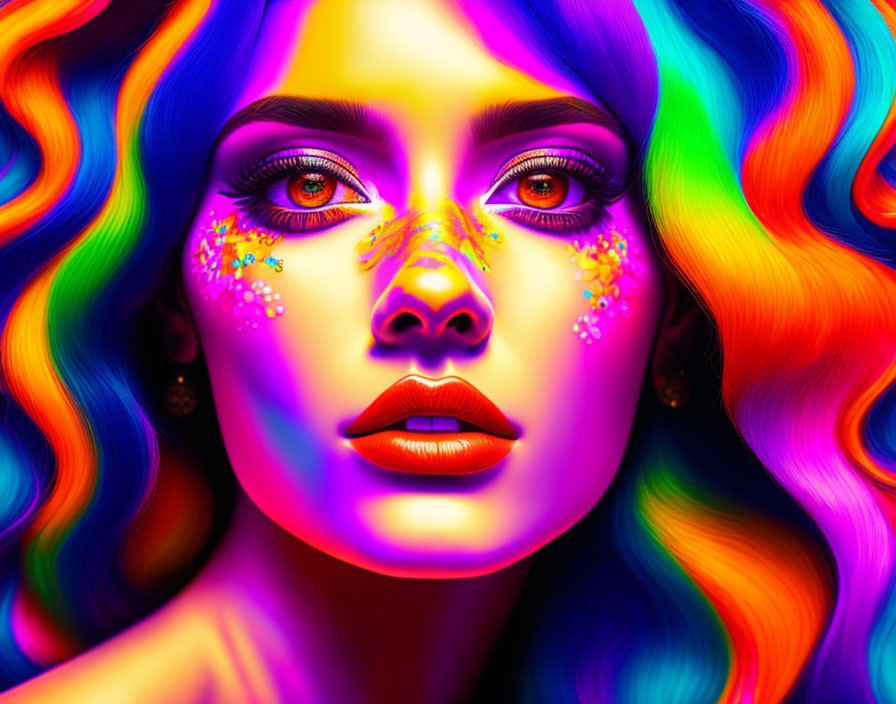 Colorful digital portrait of a woman with flowing multi-colored hair and vibrant makeup