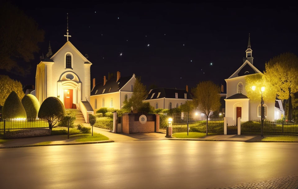 Illuminated church and buildings in serene night scene