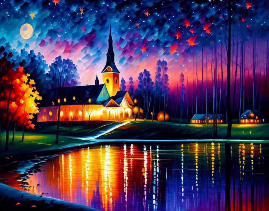 Scenic church painting by river at dusk with star-filled sky and colorful trees.