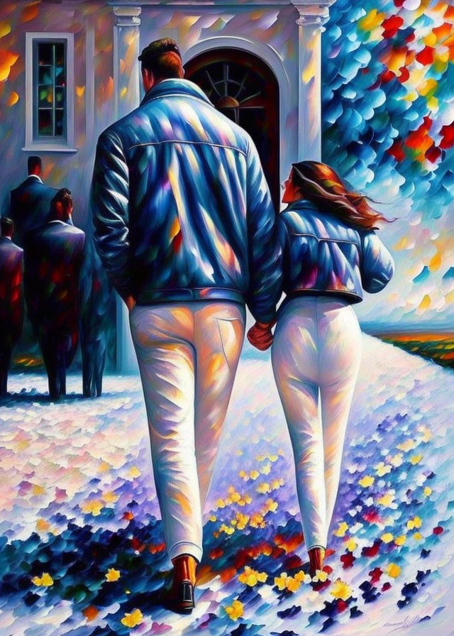 Vibrant painting of couple walking amid colorful foliage