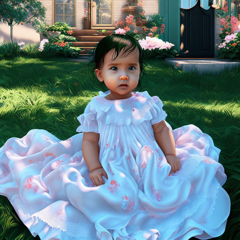 Baby in Blue Floral Dress Sitting on Grass in Front of Blooming House