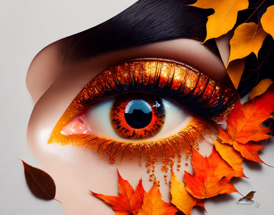 Close-Up Eye with Bright Orange Eyeshadow and Glitter Among Autumn Leaves