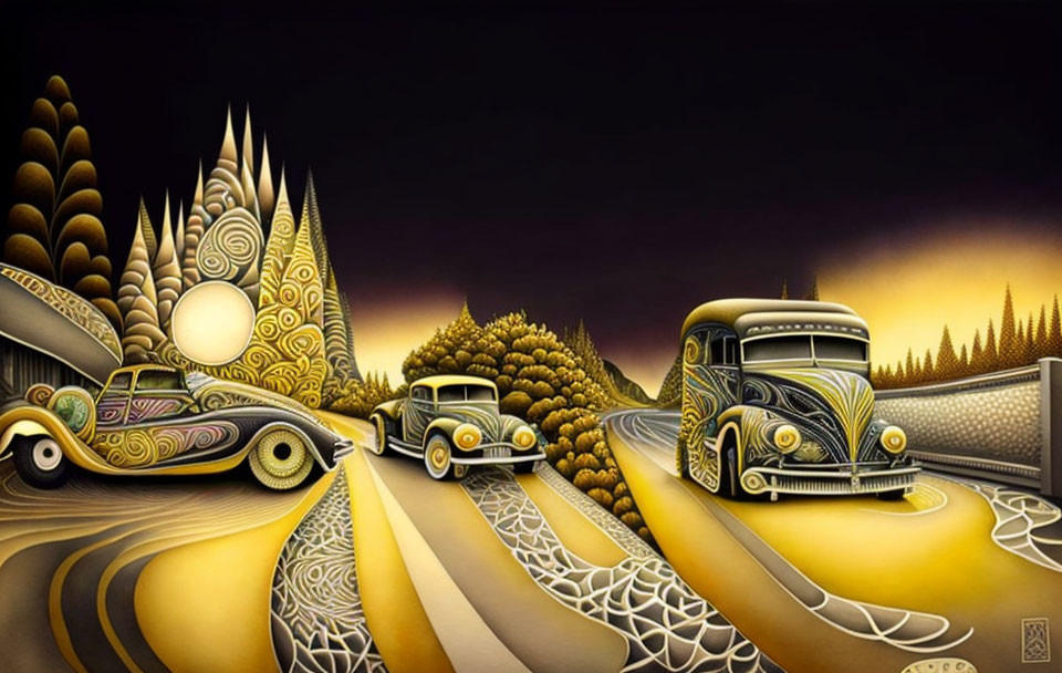 Surreal Vintage Car Artwork in Fantasy Landscape