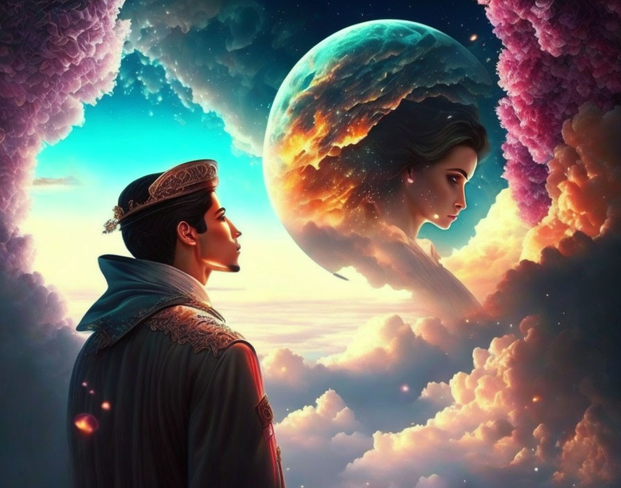 Man in historical clothing gazes at woman's face on surreal planet in vibrant dusk scene